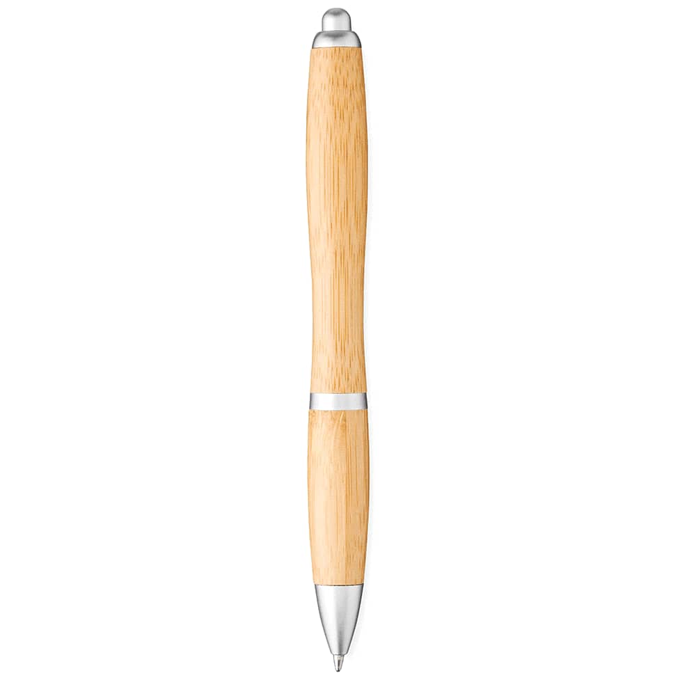 A bamboo ballpoint pen with a sleek design, featuring silver accents and a smooth writing tip.