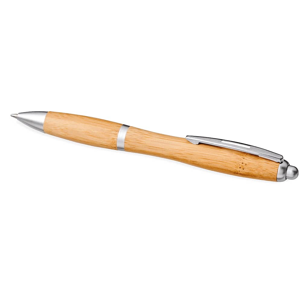 A bamboo ballpoint pen with a silver clip and accents, featuring a smooth wooden finish.