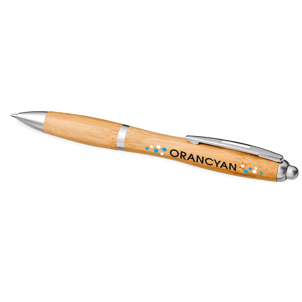 A bamboo ballpoint pen with a silver clip and branding, showcasing a natural wood finish.