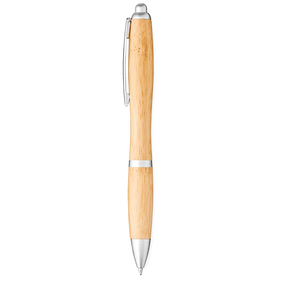 A bamboo ballpoint pen with a silver metal clip and accents, featuring a natural wood finish.