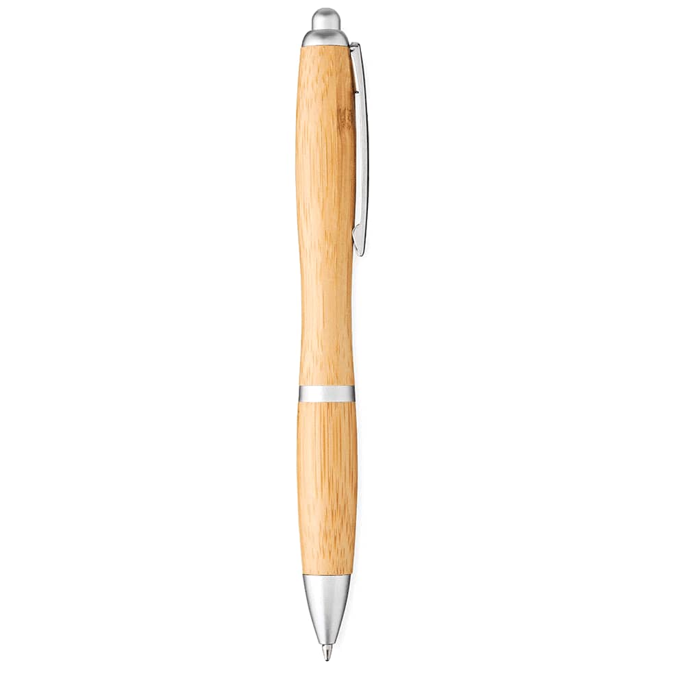 A bamboo ballpoint pen with silver accents and a logo, featuring a sleek, natural wood design.