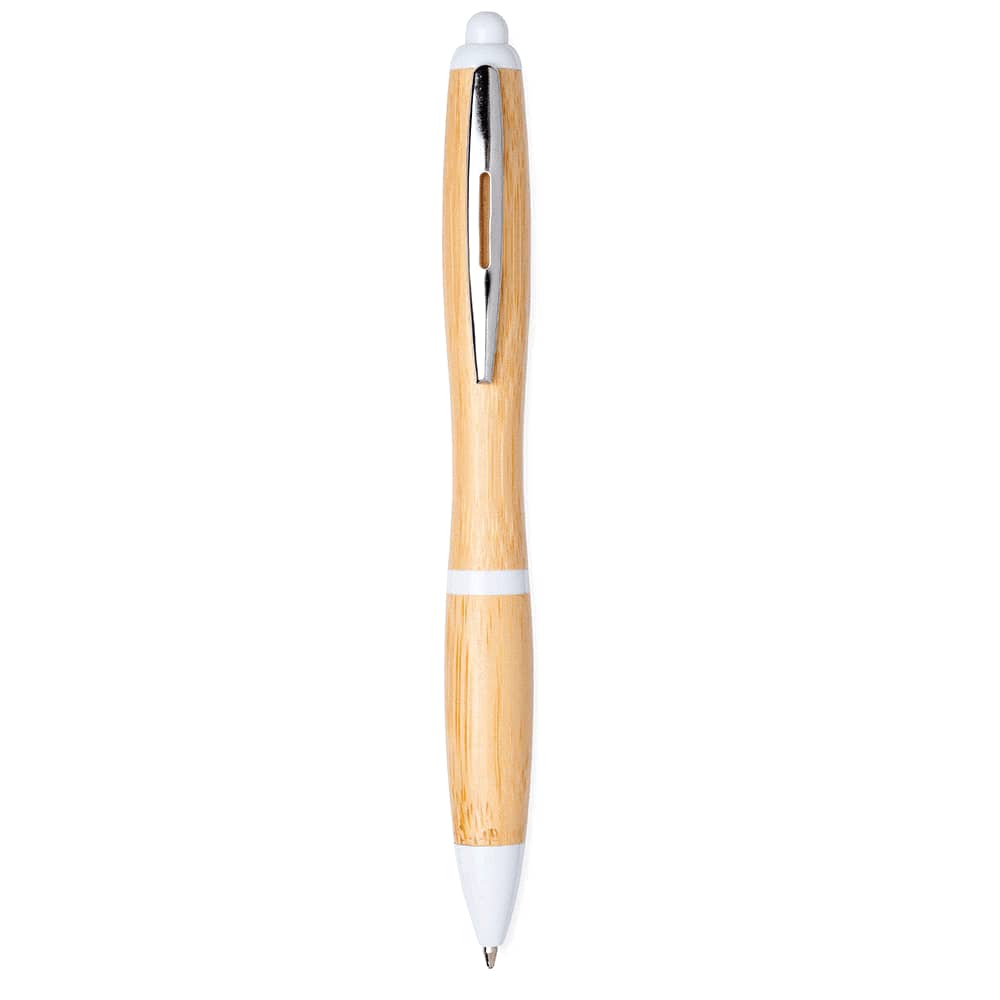 A bamboo ballpoint pen with white accents and a shiny silver clip. Features a sleek, natural finish.