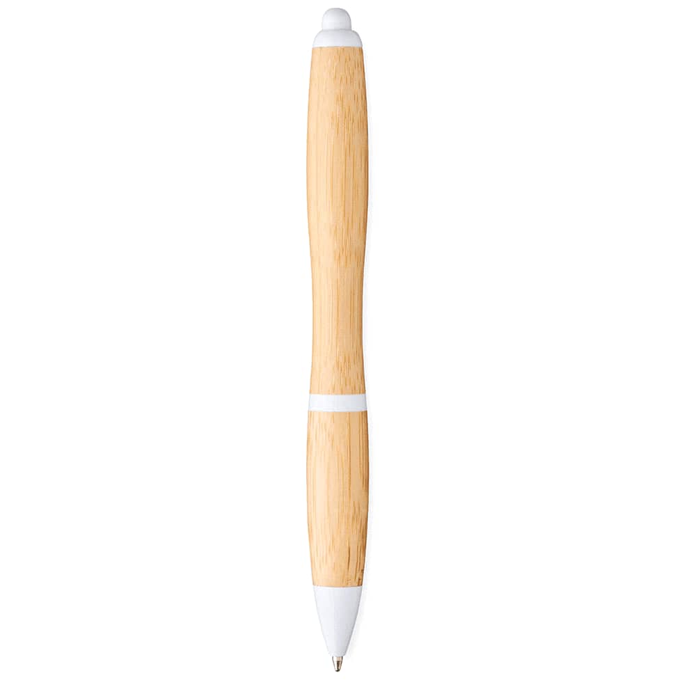 A bamboo ballpoint pen with a natural finish and white accents, featuring a branding logo.