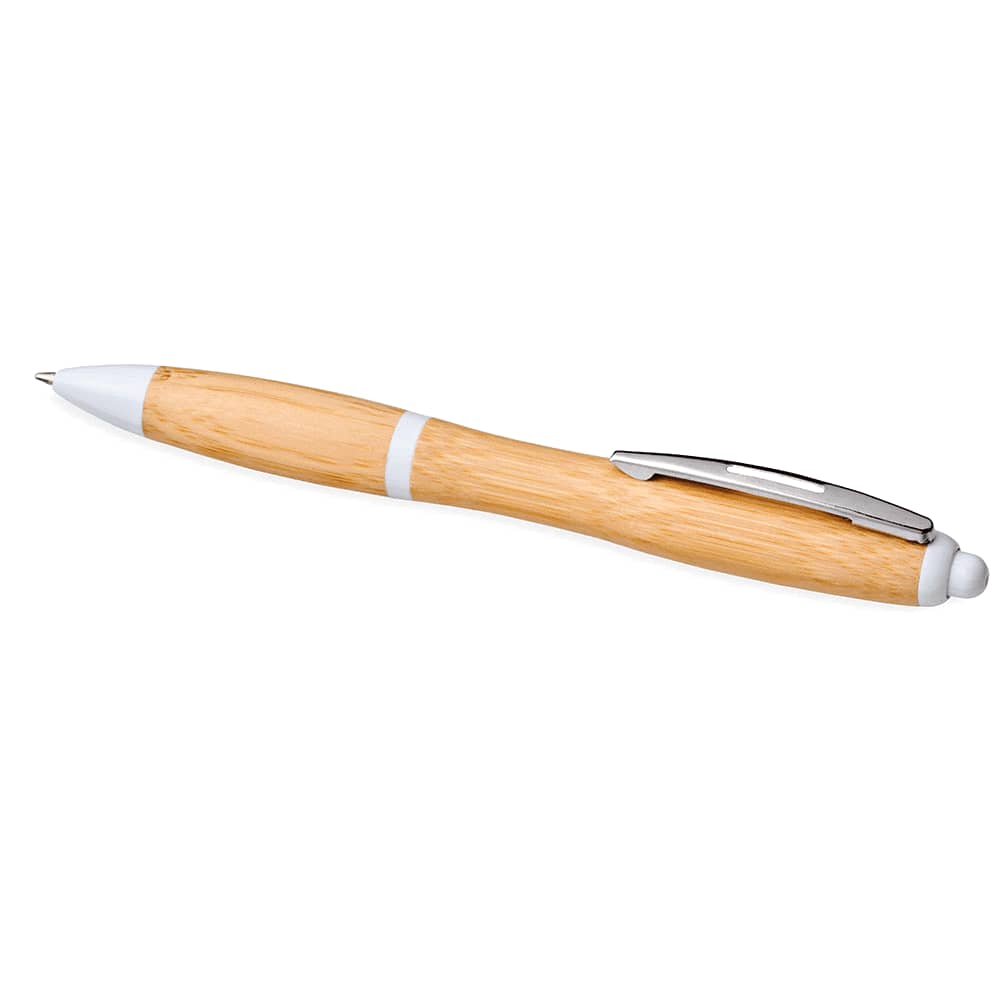 A bamboo ballpoint pen with a white clip and accent, featuring a sleek design and natural wood finish.