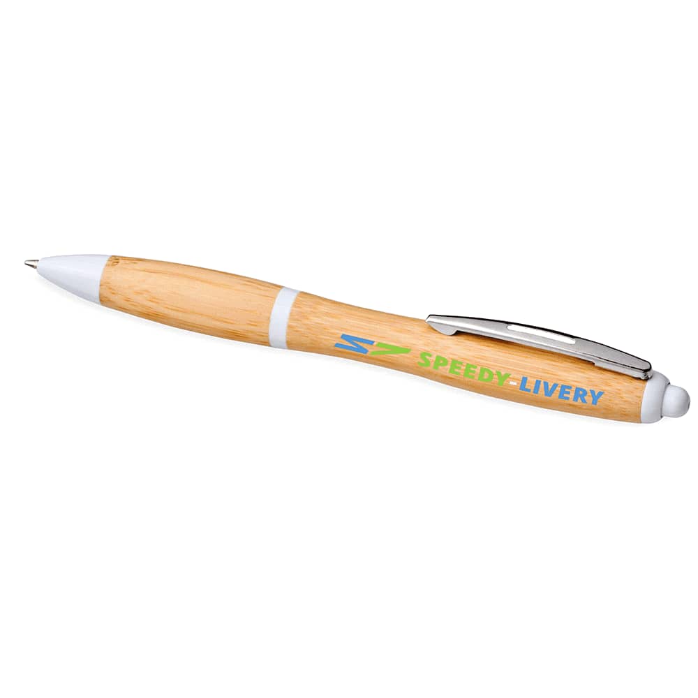 A bamboo ballpoint pen with a silver clip and white accents, featuring a logo on the barrel.