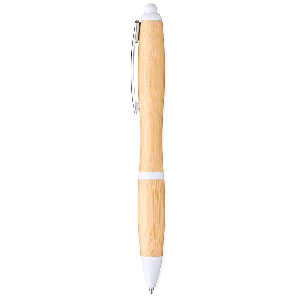 A bamboo ballpoint pen with a white clip and accents, featuring a sleek, natural wood finish.