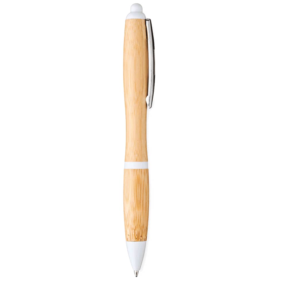 A bamboo ballpoint pen with white accents and a silver clip, featuring a smooth barrel design.