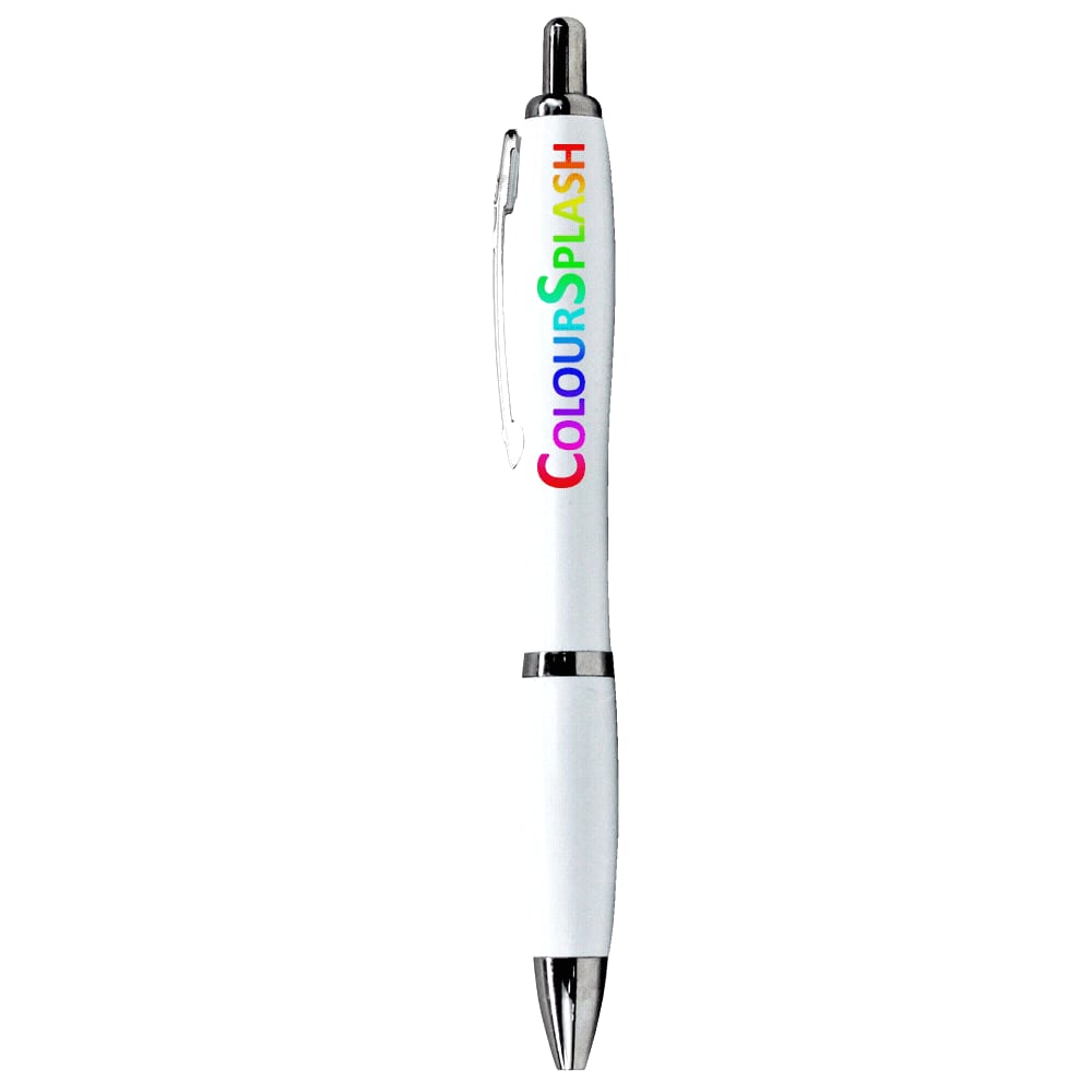 A white ballpoint pen with a transparent clip and a multicoloured logo, featuring a silver tip.