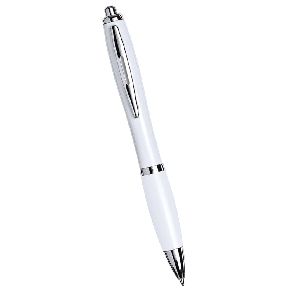 A ballpoint pen in all white, featuring silver accents and a logo on the body.
