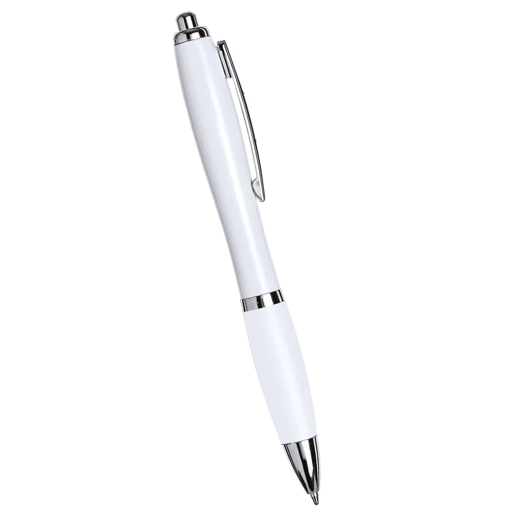 A shiny white ballpoint pen with chrome accents and a clip. The pen features a smooth, sleek design.