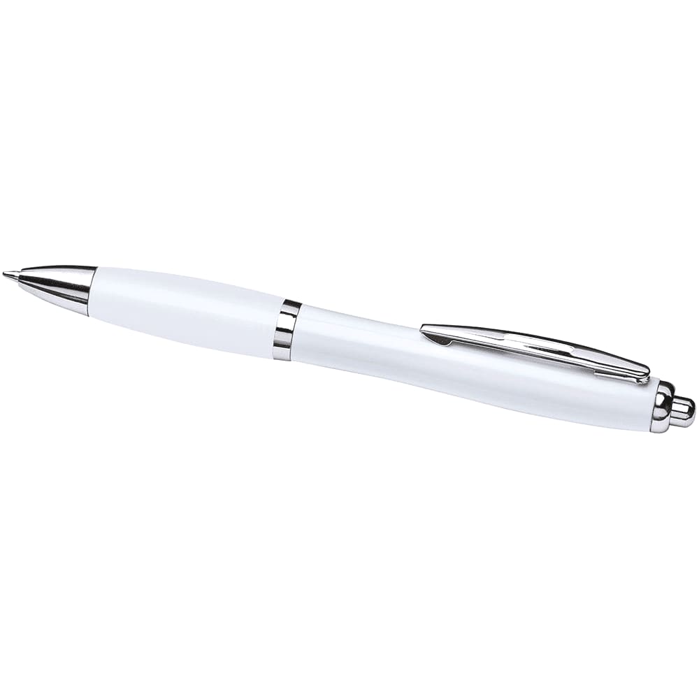 A white ballpoint pen with a sleek design and silver accents, featuring a branding logo.