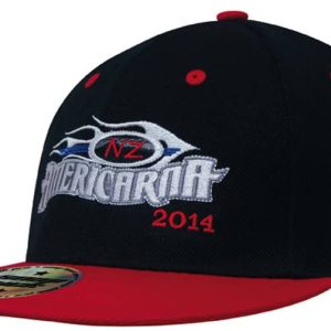 A black and red premium twill cap with a snap back and a logo on the front.