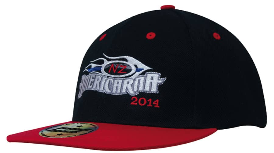 A black and red premium twill cap with a snap back and a logo on the front.