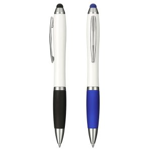 A set of two antibacterial stylus pens featuring a white body, one with a black grip and the other with a blue grip.