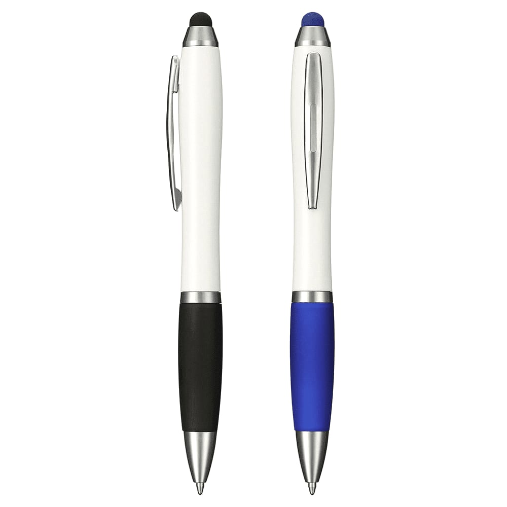 A set of two antibacterial stylus pens featuring a white body, one with a black grip and the other with a blue grip.