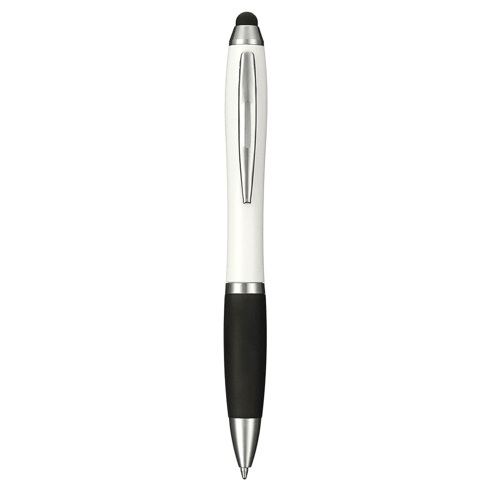 A white and black antibacterial pen with a stylus tip and a sleek silver clip. Features a logo.