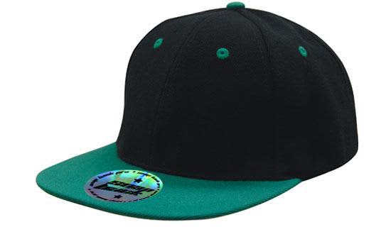 A two-tone cap with a black body and teal brim, featuring a branded logo on the front.