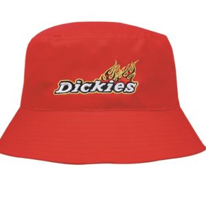 A red breathable poly twill bucket hat featuring a logo. Ideal for casual attire and outdoor activities.
