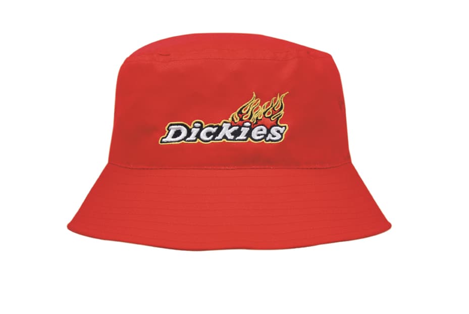 A red breathable poly twill bucket hat featuring a logo. Ideal for casual attire and outdoor activities.