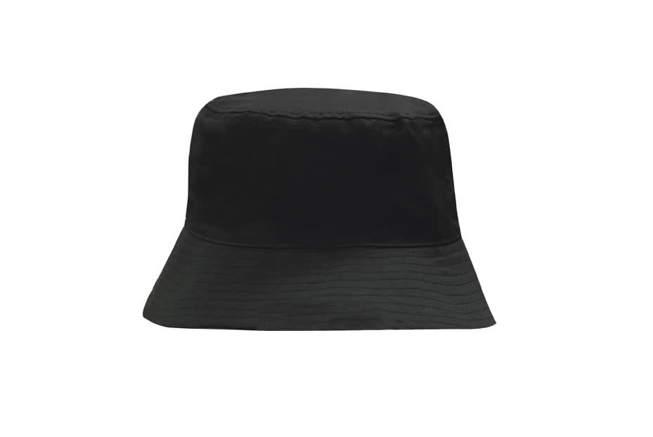 A black breathable poly twill bucket hat with a wide brim and a simple design. It features a logo on the side.