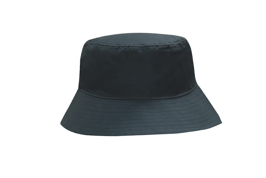 A breathable poly twill bucket hat in dark green with a wide brim and a structured crown. It has a logo.