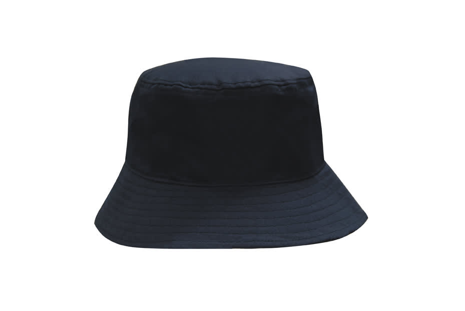 A black breathable poly twill bucket hat with a wide brim and a textured finish. Features a logo on the side.