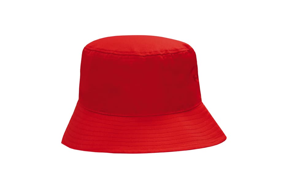 A red breathable poly twill bucket hat with a wide brim and a logo on the side.