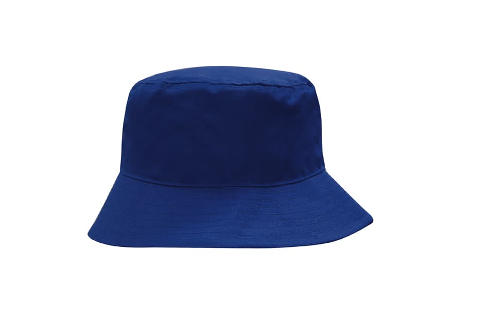 A blue breathable poly twill bucket hat with a wide brim and a simple design. It features a logo.
