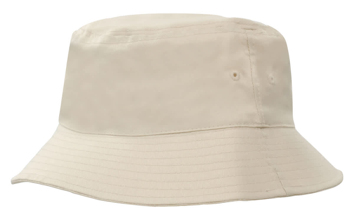 A breathable poly twill bucket hat in a light beige colour with a wide brim and eyelet details. It features a logo.