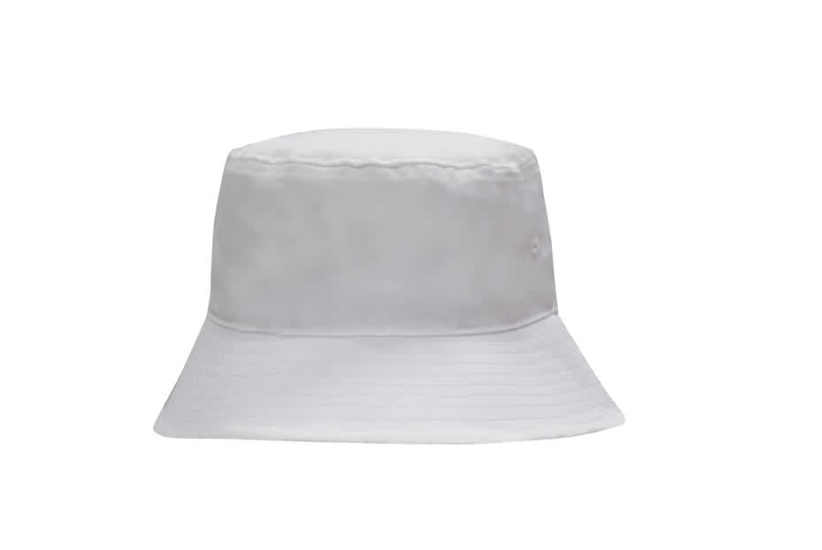 A breathable poly twill bucket hat in white with a soft brim and a logo.
