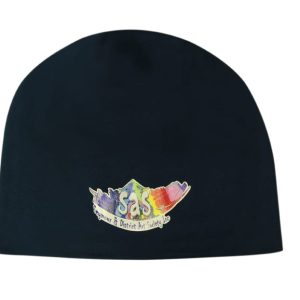 A rolled down cotton beanie in black featuring a logo in vibrant colours.