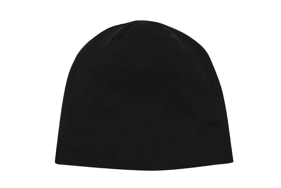 A black rolled down cotton beanie with a simple design and no visible branding.