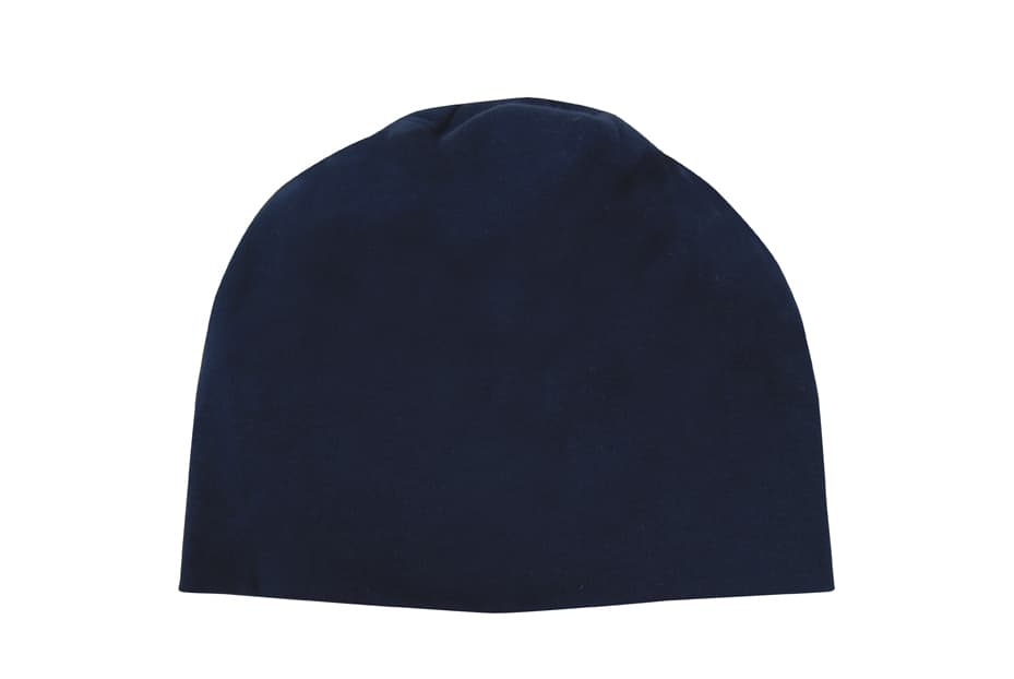 A rolled down cotton beanie in navy blue featuring a logo.