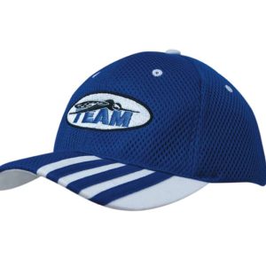 A blue mesh cap with a striped white peak and an embroidered logo on the front.