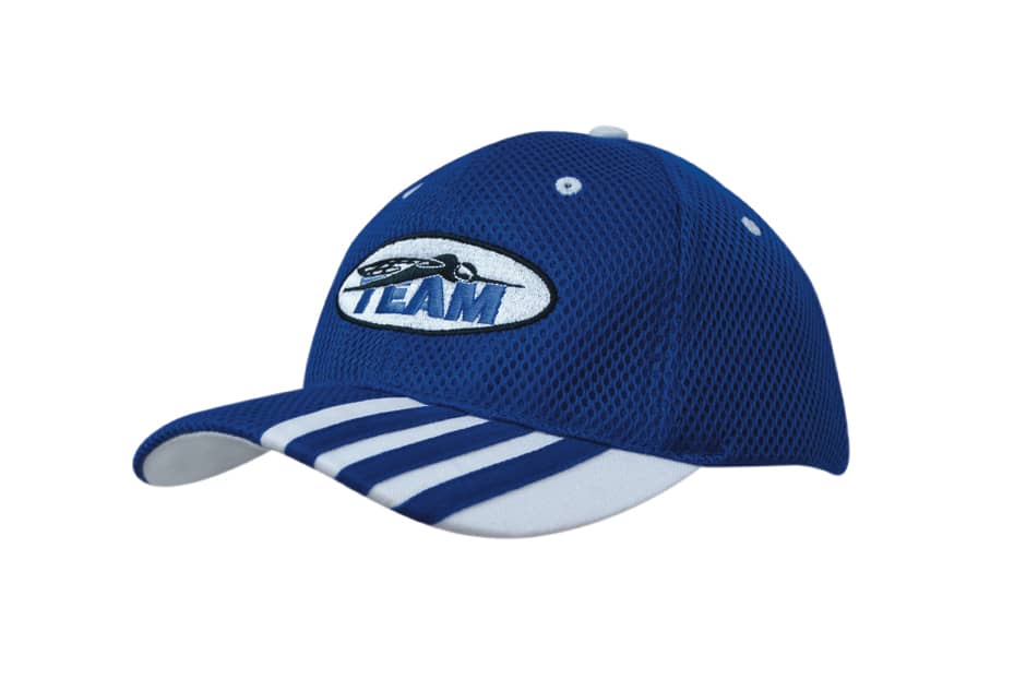 A blue mesh cap with a striped white peak and an embroidered logo on the front.