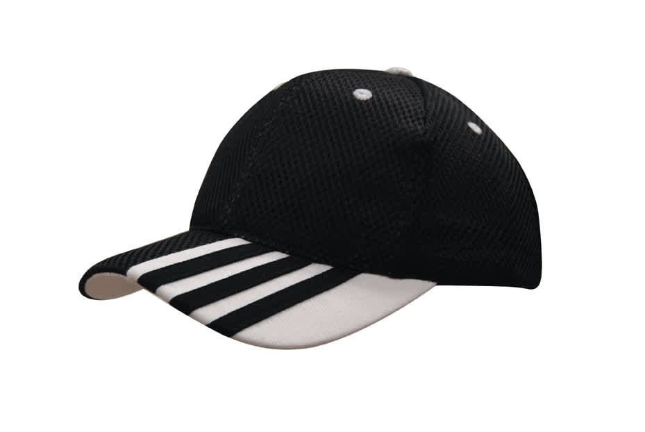 A black sandwich mesh cap featuring white striping on the peak and a logo on the side.