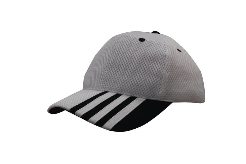 A white mesh cap featuring a black striped peak and a logo on the front.