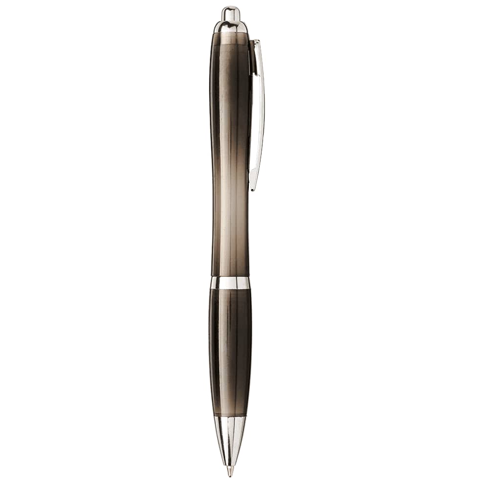 A ballpoint pen with a sleek grey design and silver accents, featuring a clip and a branding logo.