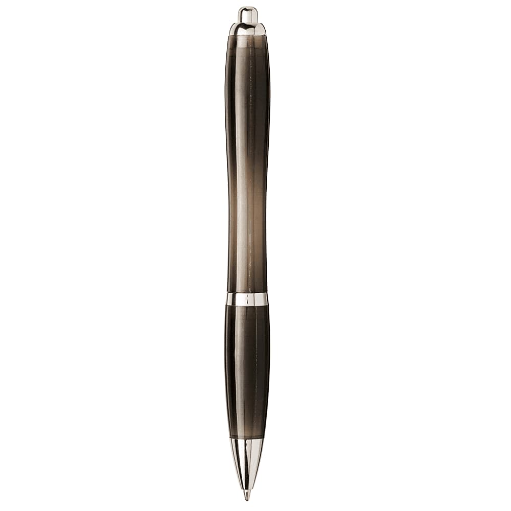 A black and silver ballpoint pen with a sleek design and a shiny finish, featuring a logo.