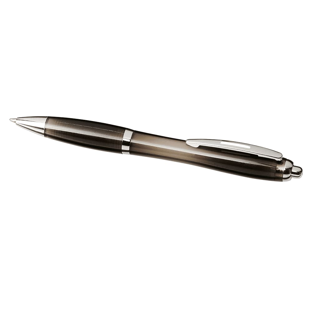 A plastic ballpoint pen with a grey translucent barrel and silver accents, featuring blue ink. It has a logo on its surface.