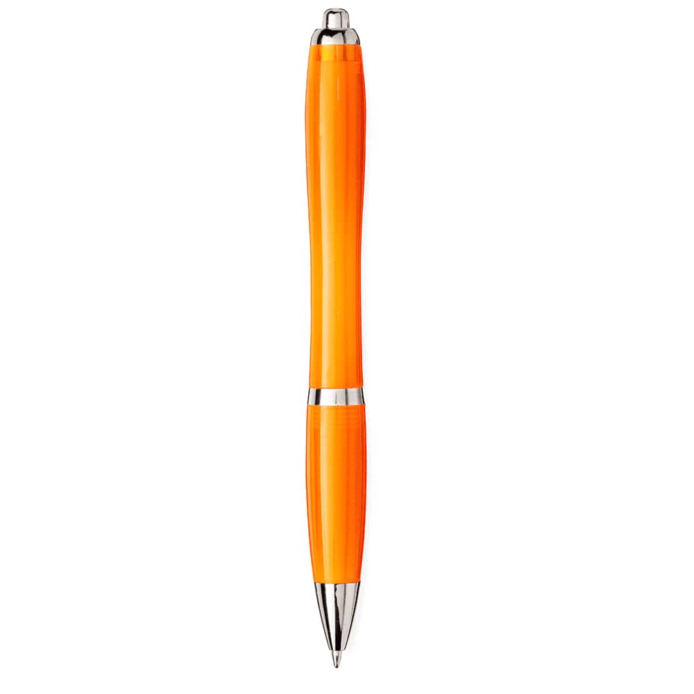 An orange ballpoint pen with a shiny silver trim and a logo on the barrel.