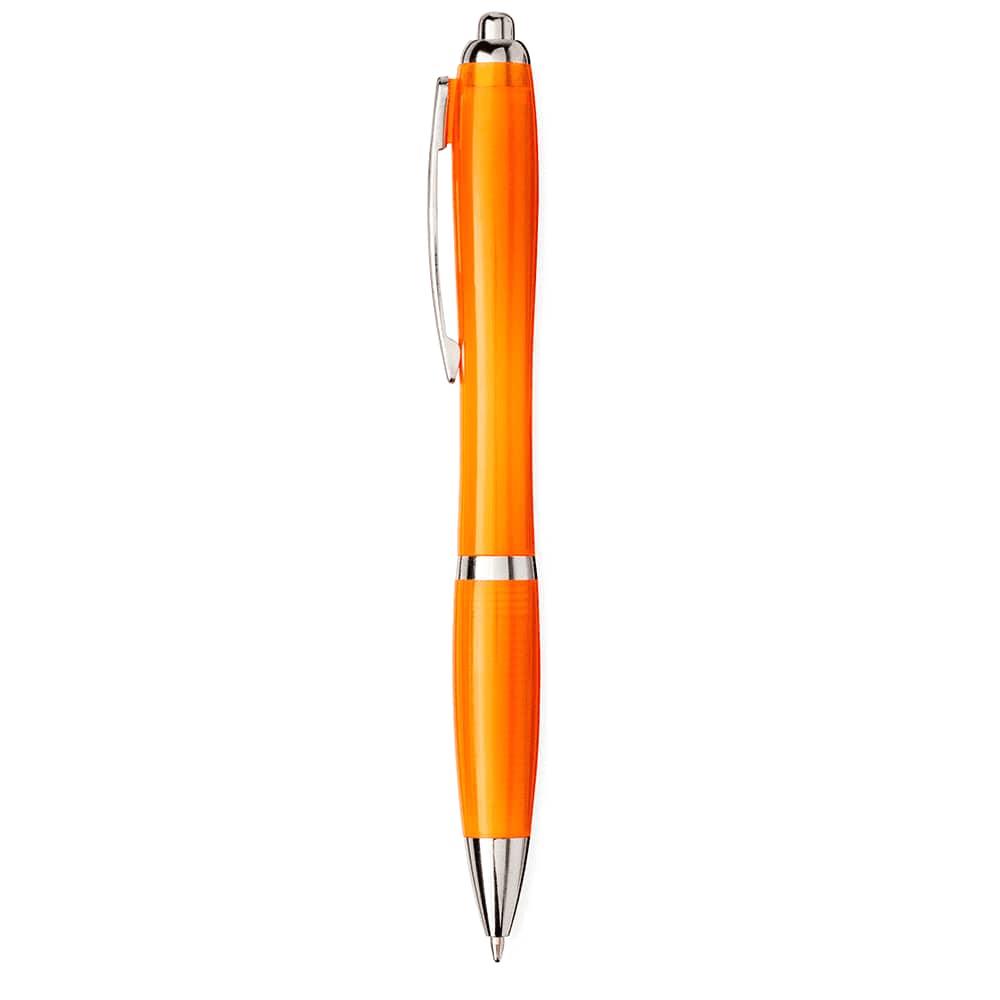 An orange ballpoint pen with silver accents and a clip, featuring a sleek design and a branding logo.