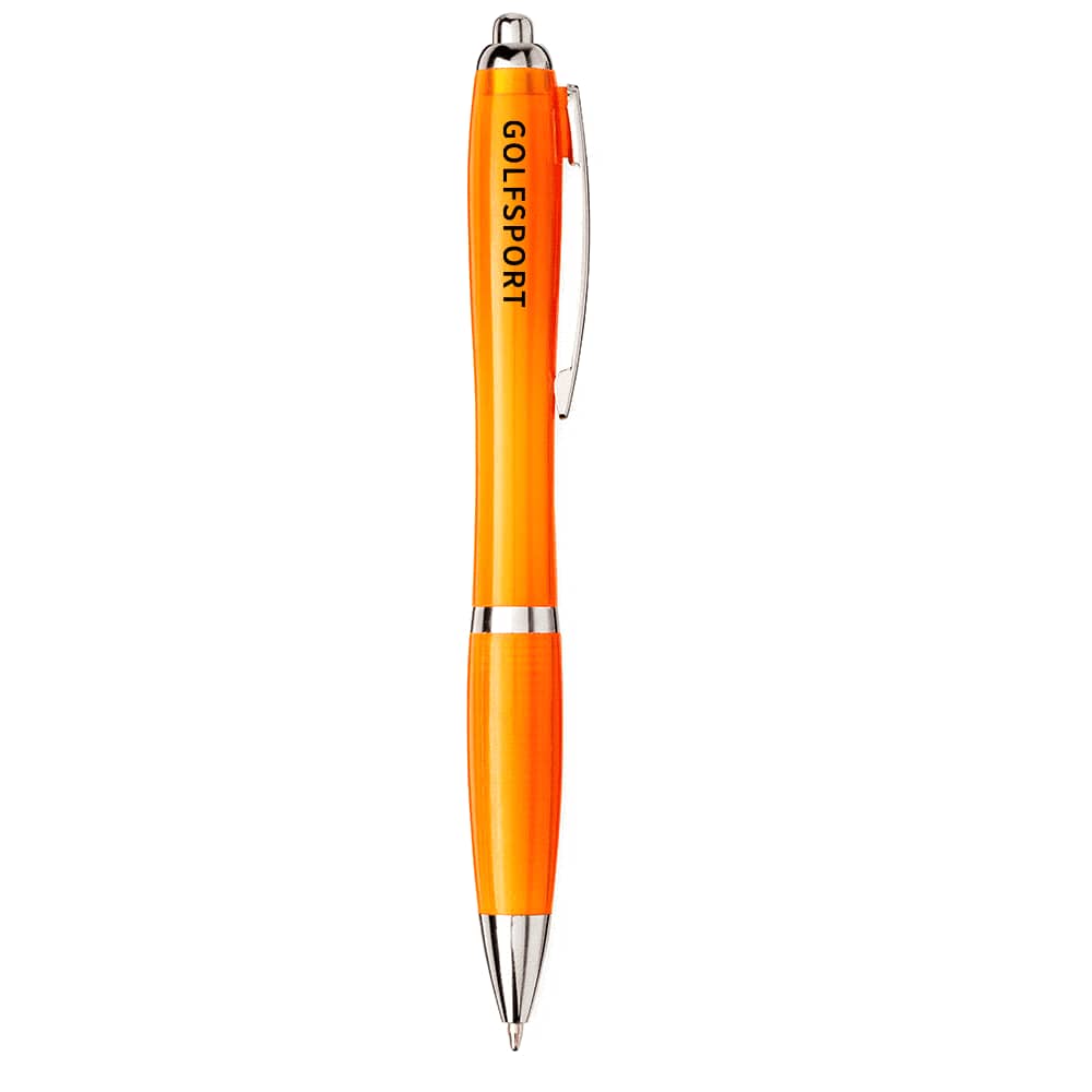 An orange ballpoint pen with a silver clip and a logo on the barrel.