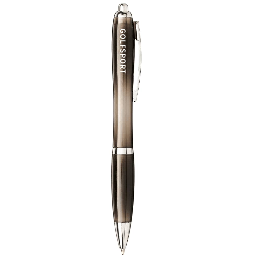 A ballpoint pen in a gradient of grey tones with a silver clip and a logo on the barrel.