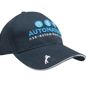 A dark blue Chino Twill golf cap with peak embroidery and a logo on the front.
