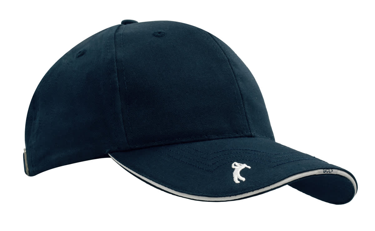A navy Chino Twill Golf Cap with peak embroidery and a logo on the front.