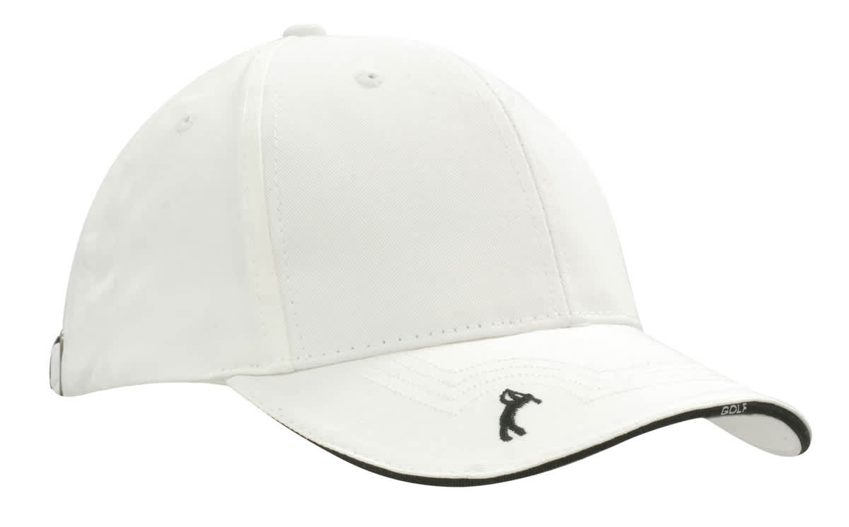 A white chino twill golf cap with peak embroidery and a logo on the side.