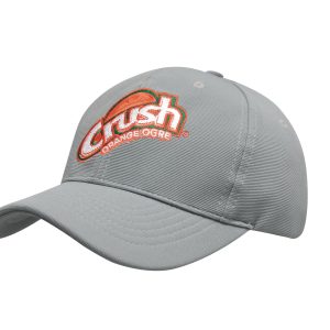A grey cap featuring a logo on the front, with a curved brim and textured fabric.