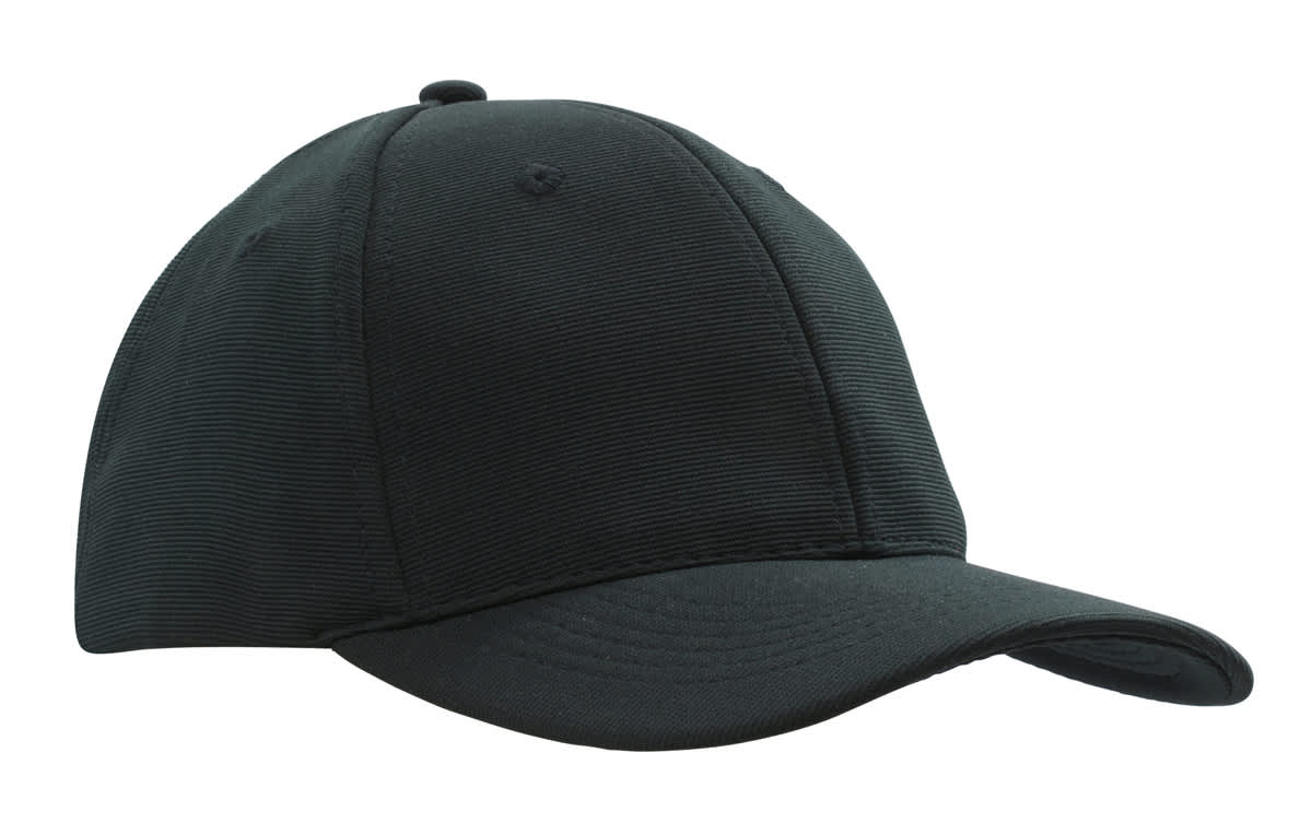 A black cap with a curved brim, featuring a textured twill fabric and a logo on the front.