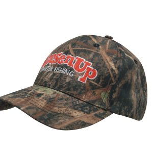 A camouflage cap featuring a bold logo on the front, with various shades of green and brown throughout the design.
